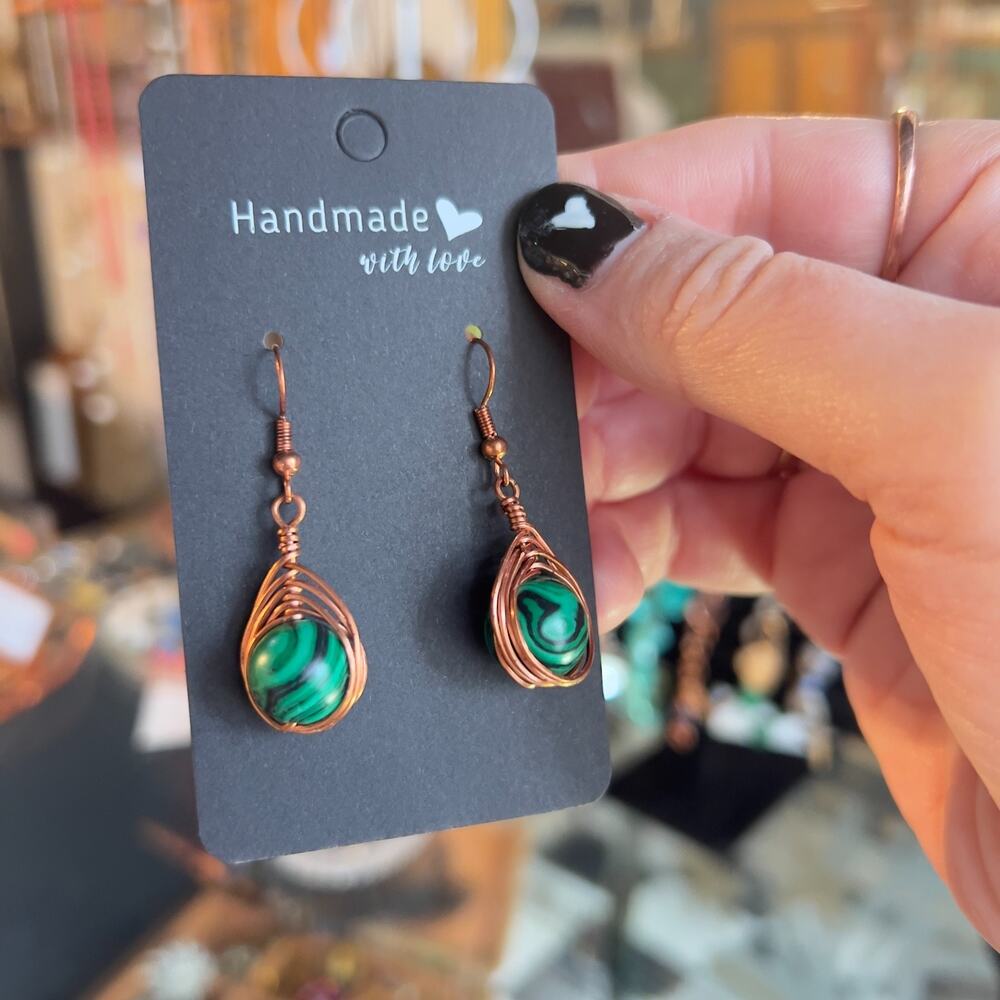 Artisan Made Hand Crafted Handmade Dangle Drop Earrings Copper Green Malachite